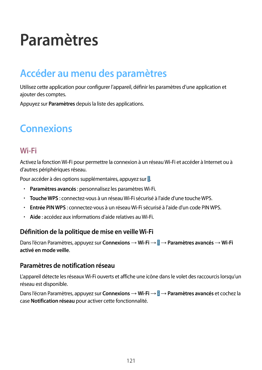 Samsung SM-T520XZWAXEF manual Accéder au menu des paramètres, Connexions, Wi-Fi, Paramètres de notification réseau 