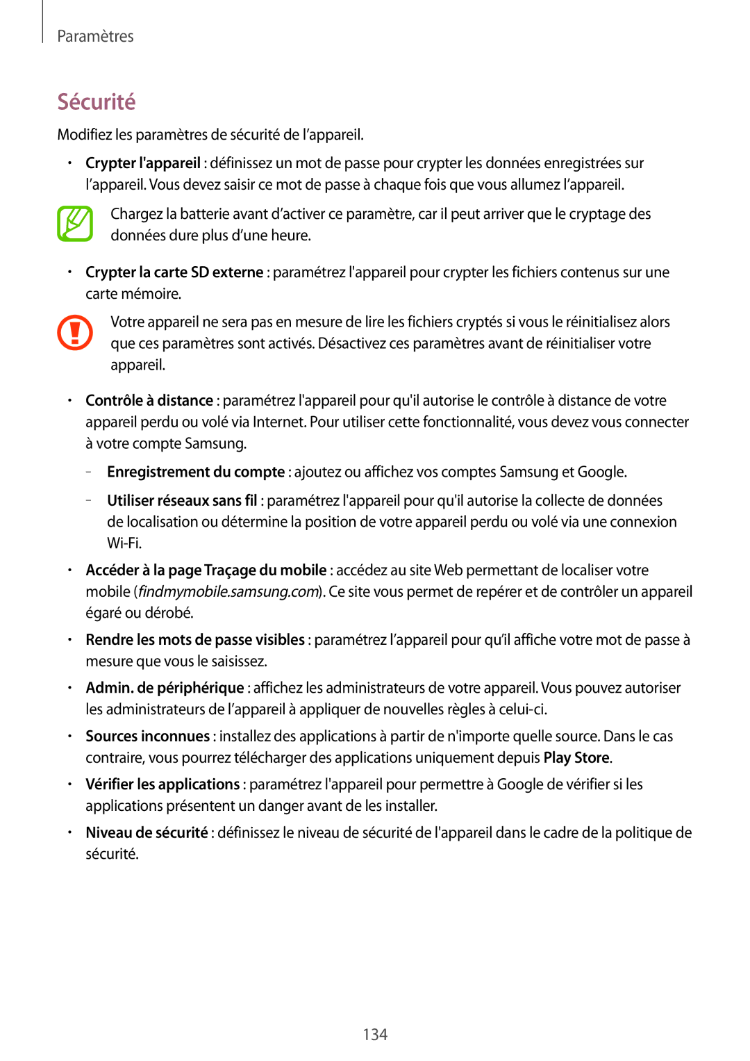 Samsung SM-T520NZWAXEF, SM-T520NZKAXEF, SM-T520XZWAXEF manual Sécurité, Modifiez les paramètres de sécurité de l’appareil 