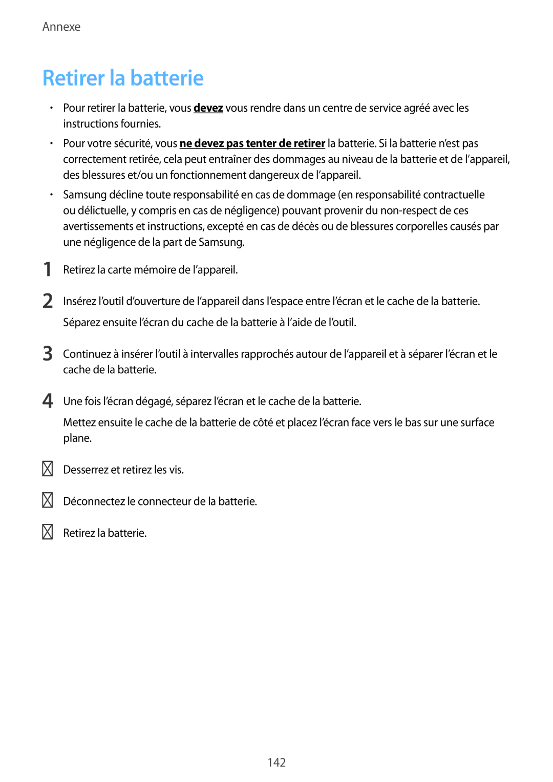 Samsung SM-T520XZWAXEF, SM-T520NZKAXEF, SM-T520NZWAXEF manual Retirer la batterie, 142 