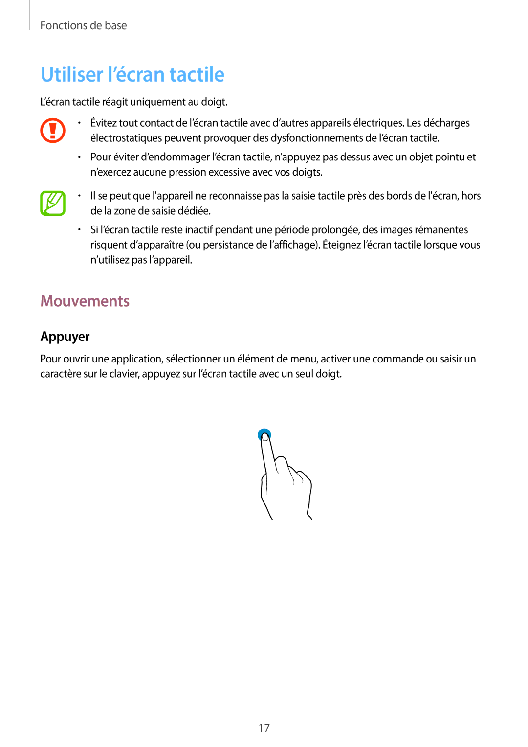 Samsung SM-T520NZWAXEF, SM-T520NZKAXEF, SM-T520XZWAXEF manual Utiliser l’écran tactile, Mouvements, Appuyer 