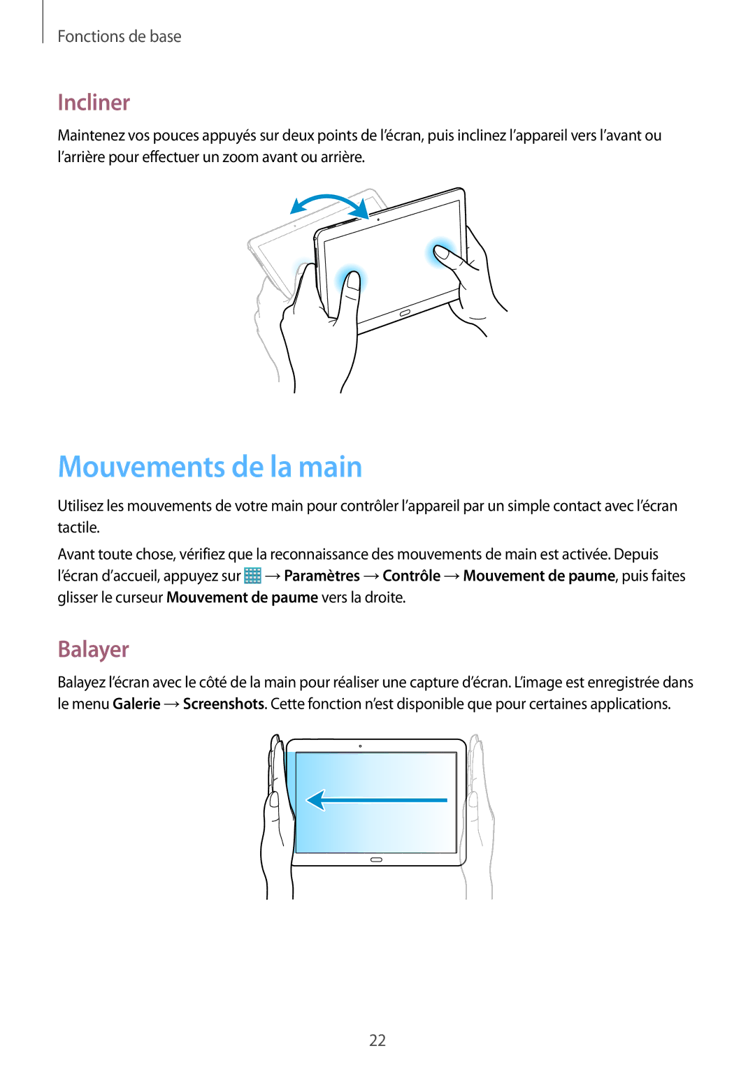 Samsung SM-T520XZWAXEF, SM-T520NZKAXEF, SM-T520NZWAXEF manual Mouvements de la main, Incliner, Balayer 