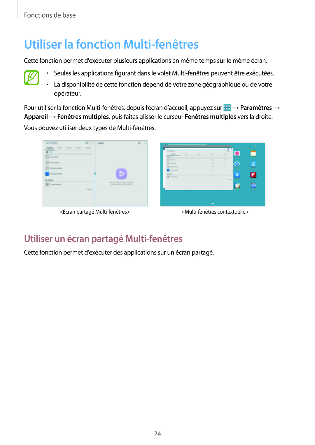 Samsung SM-T520NZKAXEF, SM-T520XZWAXEF manual Utiliser la fonction Multi-fenêtres, Utiliser un écran partagé Multi-fenêtres 