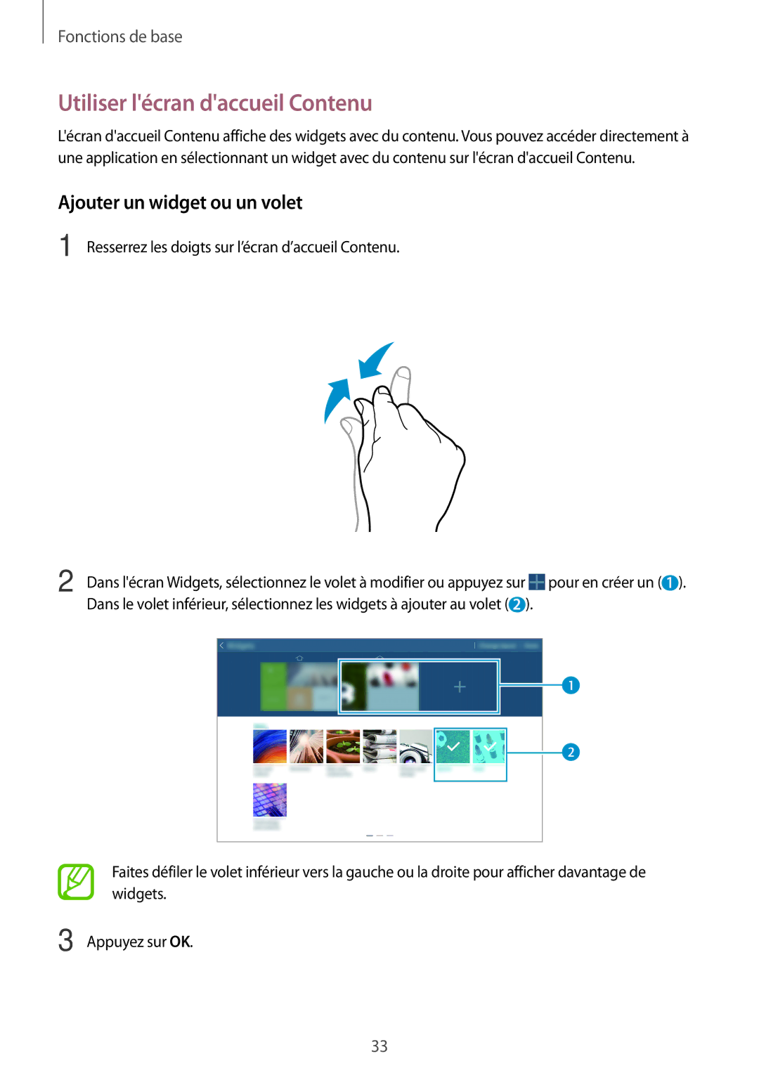 Samsung SM-T520NZKAXEF, SM-T520XZWAXEF, SM-T520NZWAXEF manual Utiliser lécran daccueil Contenu, Ajouter un widget ou un volet 