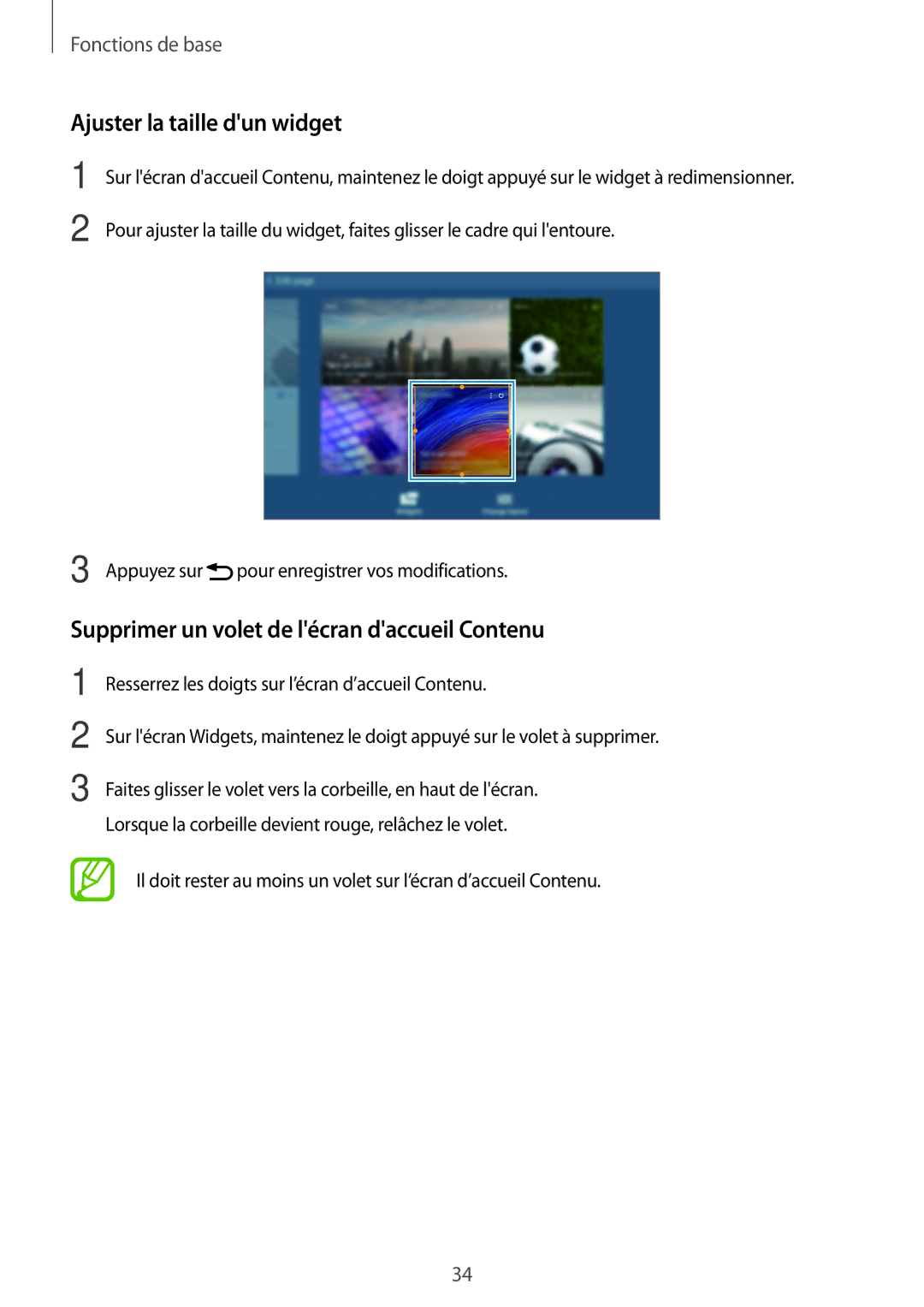 Samsung SM-T520XZWAXEF, SM-T520NZKAXEF manual Ajuster la taille dun widget, Supprimer un volet de lécran daccueil Contenu 