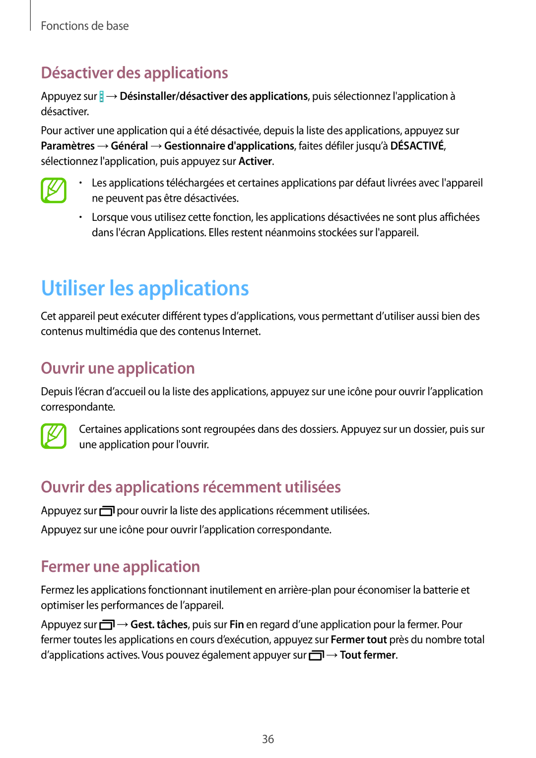 Samsung SM-T520NZKAXEF, SM-T520XZWAXEF manual Utiliser les applications, Désactiver des applications, Ouvrir une application 