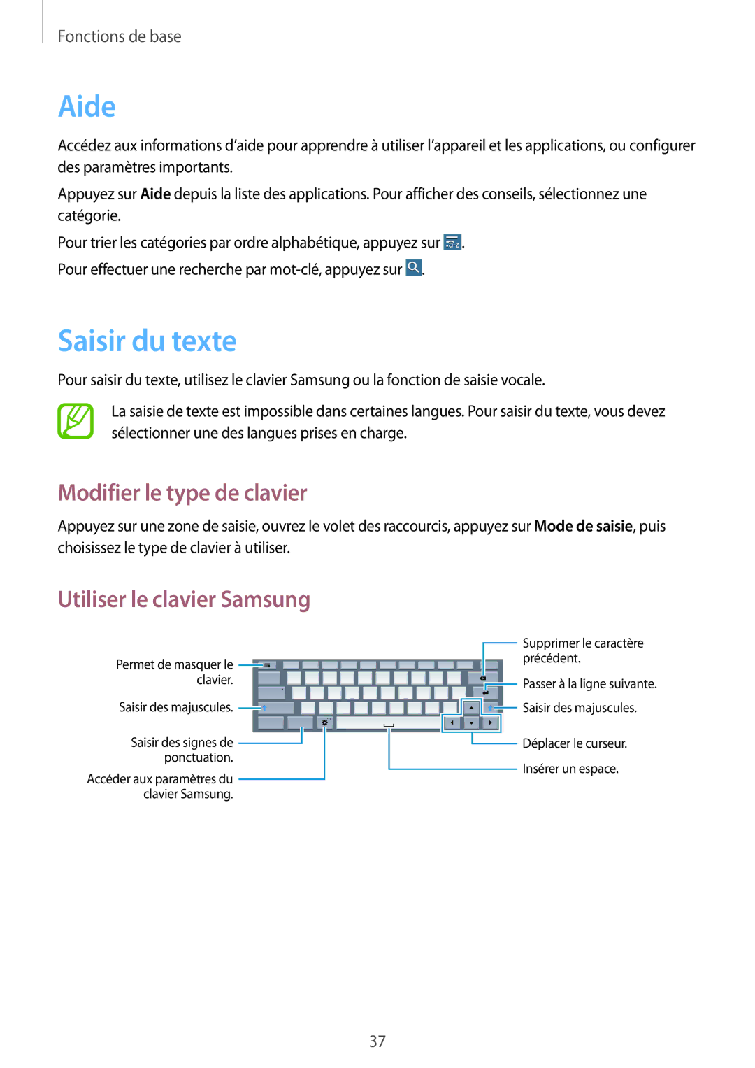 Samsung SM-T520XZWAXEF, SM-T520NZKAXEF Aide, Saisir du texte, Modifier le type de clavier, Utiliser le clavier Samsung 