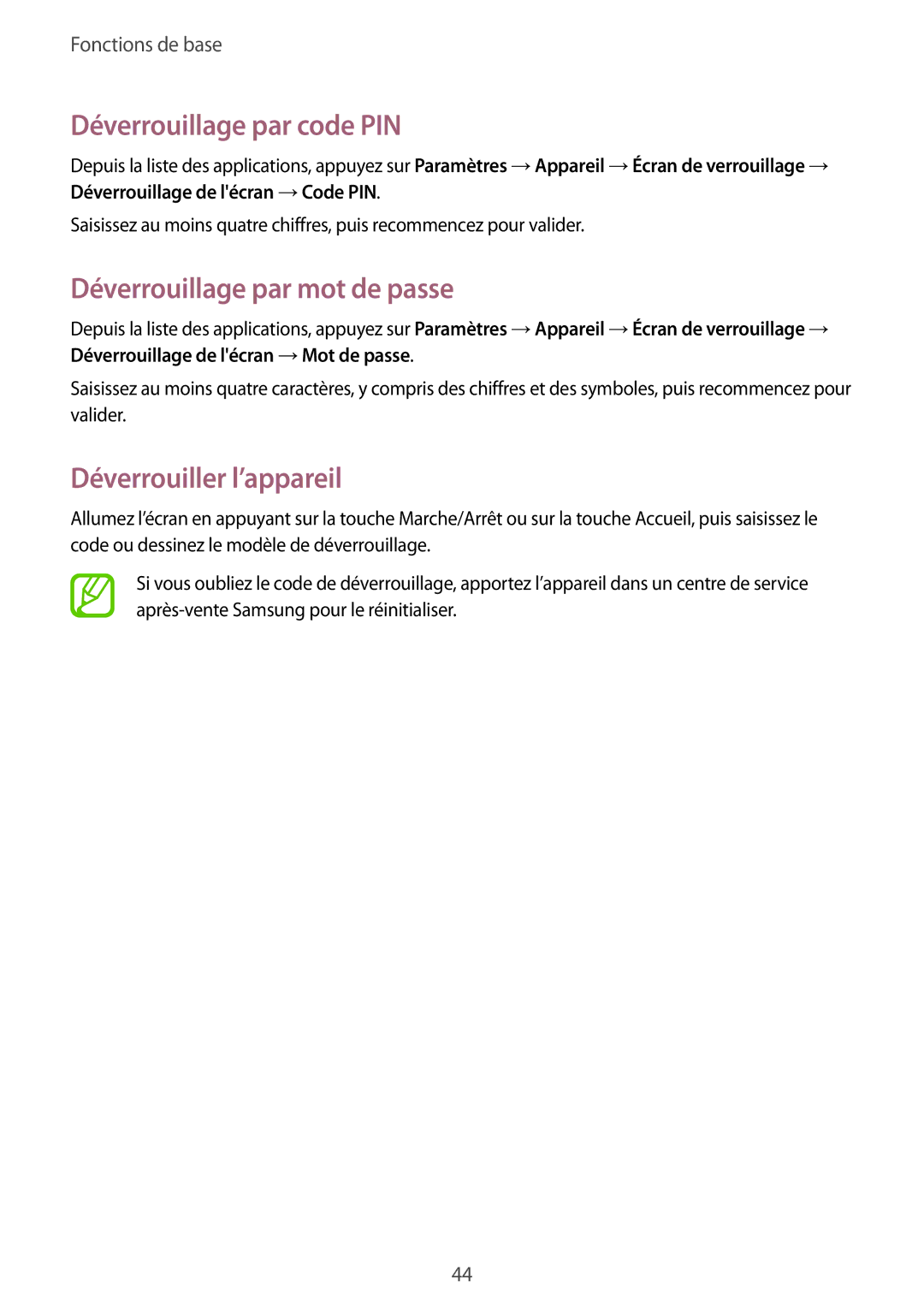 Samsung SM-T520NZWAXEF manual Déverrouillage par code PIN, Déverrouillage par mot de passe, Déverrouiller l’appareil 