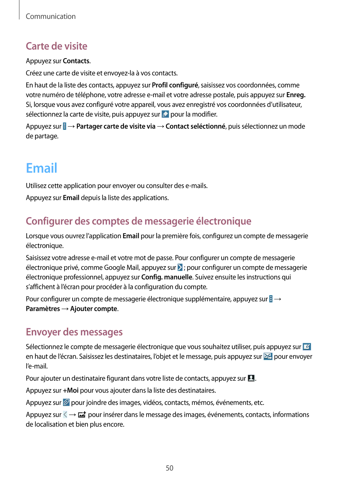 Samsung SM-T520NZWAXEF manual Carte de visite, Configurer des comptes de messagerie électronique, Envoyer des messages 