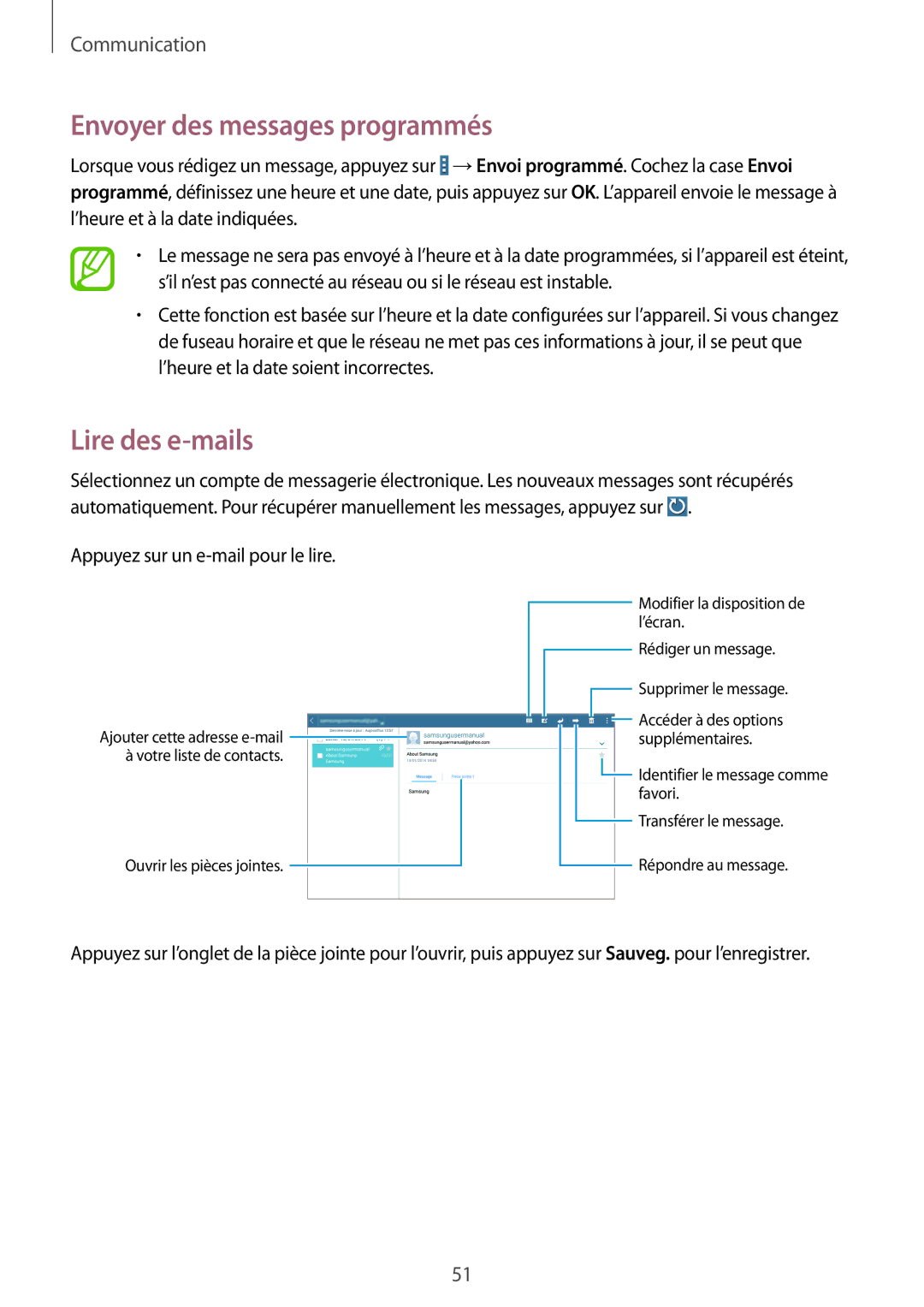 Samsung SM-T520NZKAXEF, SM-T520XZWAXEF, SM-T520NZWAXEF manual Envoyer des messages programmés, Lire des e-mails 