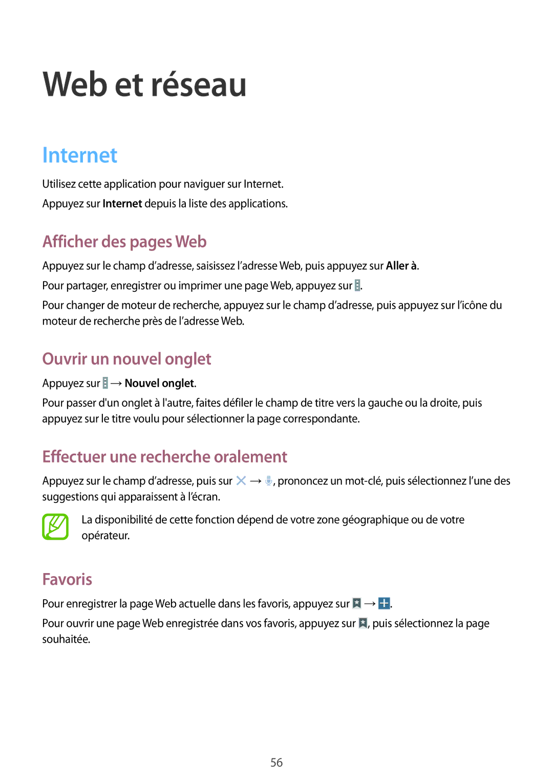 Samsung SM-T520NZWAXEF manual Internet, Afficher des pages Web, Ouvrir un nouvel onglet, Effectuer une recherche oralement 