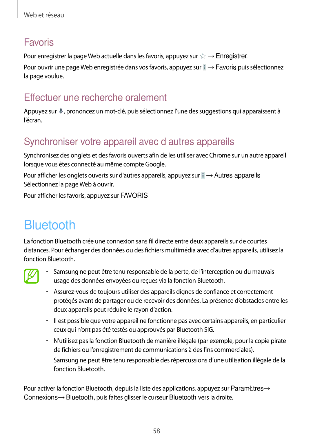 Samsung SM-T520XZWAXEF, SM-T520NZKAXEF, SM-T520NZWAXEF manual Bluetooth, Synchroniser votre appareil avec d’autres appareils 