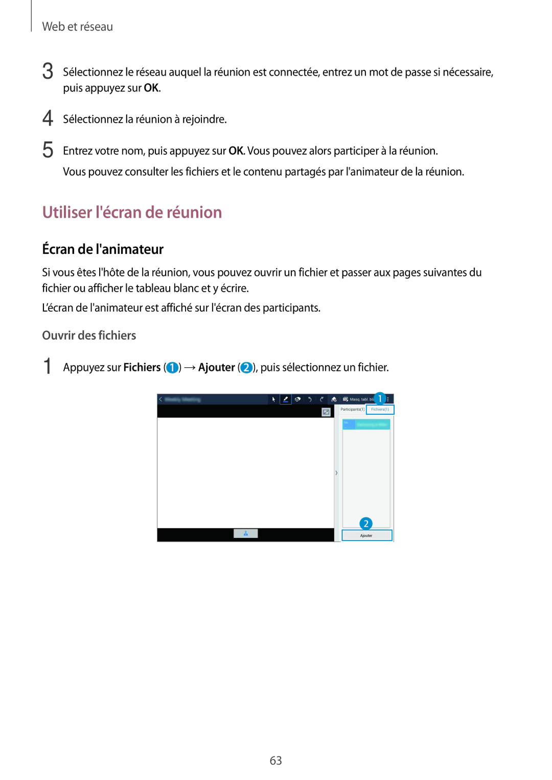 Samsung SM-T520NZKAXEF, SM-T520XZWAXEF, SM-T520NZWAXEF manual Utiliser lécran de réunion, Écran de lanimateur 