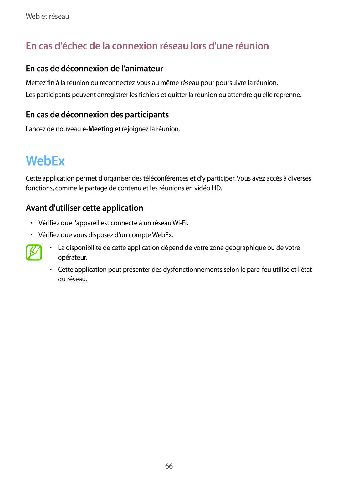 Samsung SM-T520NZKAXEF WebEx, En cas déchec de la connexion réseau lors dune réunion, En cas de déconnexion de l’animateur 