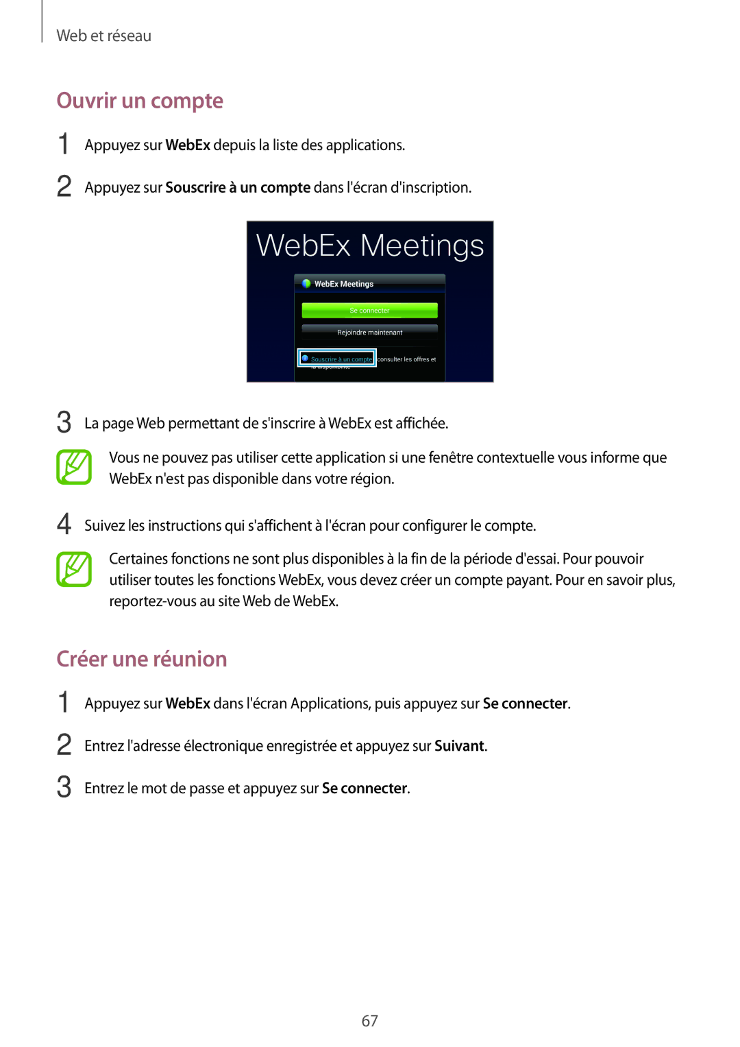 Samsung SM-T520XZWAXEF, SM-T520NZKAXEF, SM-T520NZWAXEF manual Ouvrir un compte, Créer une réunion 