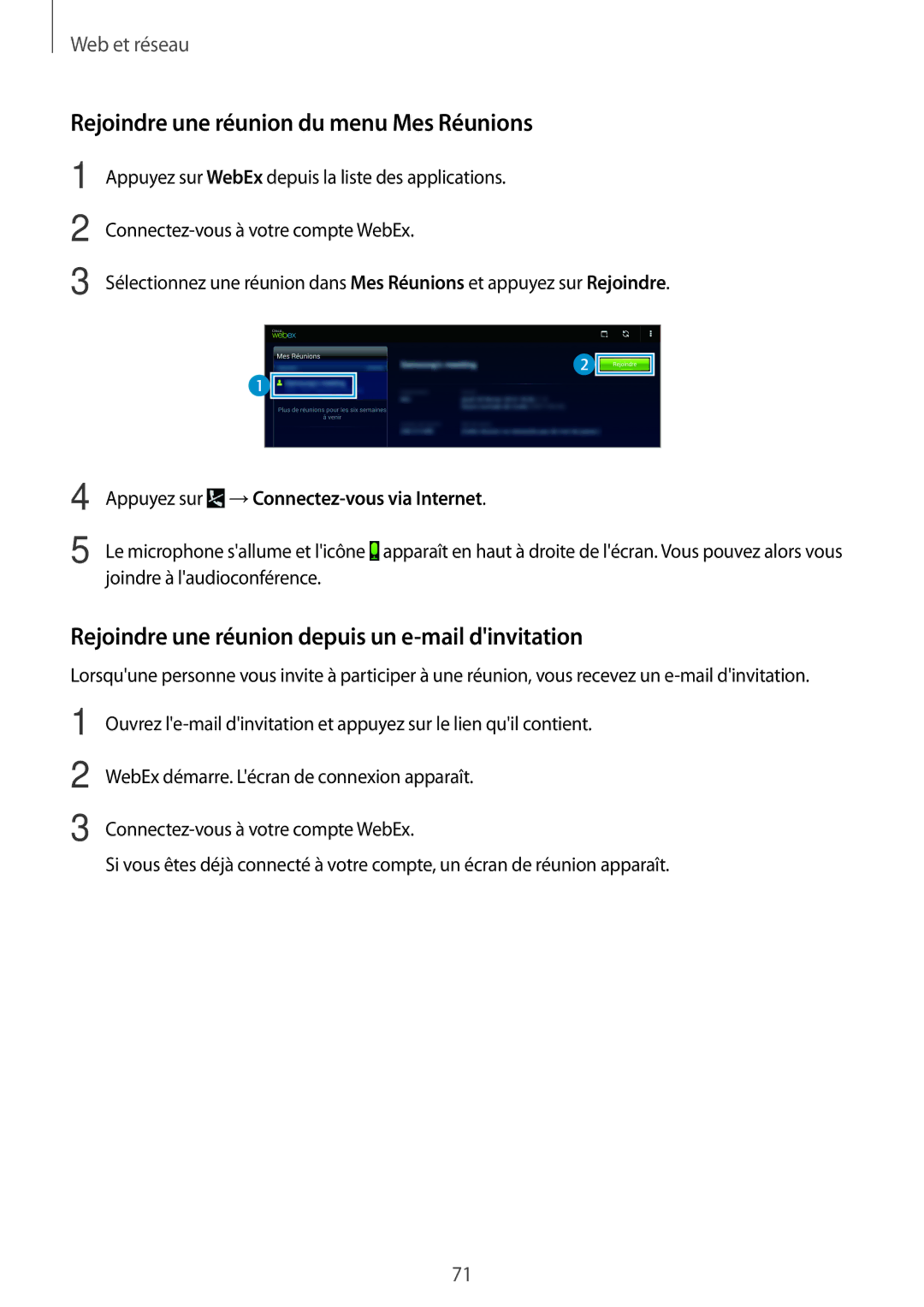 Samsung SM-T520NZWAXEF Rejoindre une réunion du menu Mes Réunions, Rejoindre une réunion depuis un e-mail dinvitation 