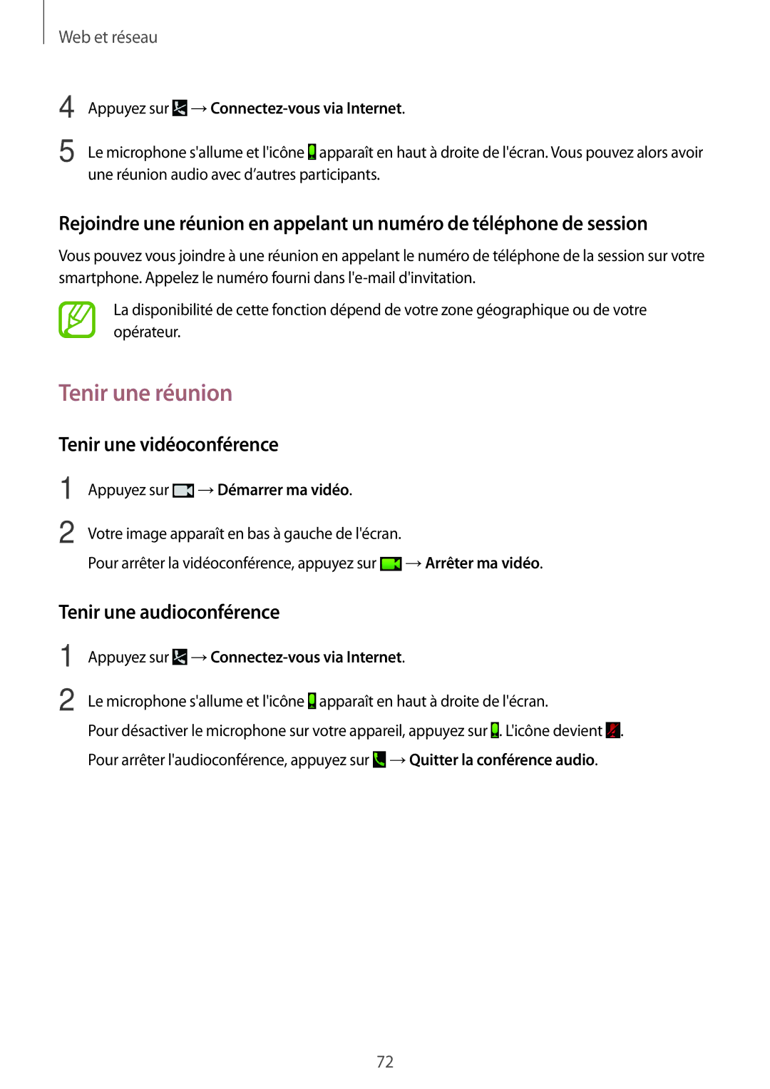 Samsung SM-T520NZKAXEF, SM-T520XZWAXEF manual Tenir une réunion, Tenir une vidéoconférence, Tenir une audioconférence 