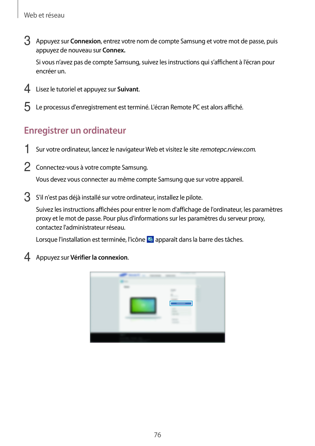 Samsung SM-T520XZWAXEF, SM-T520NZKAXEF, SM-T520NZWAXEF manual Enregistrer un ordinateur, Appuyez sur Vérifier la connexion 