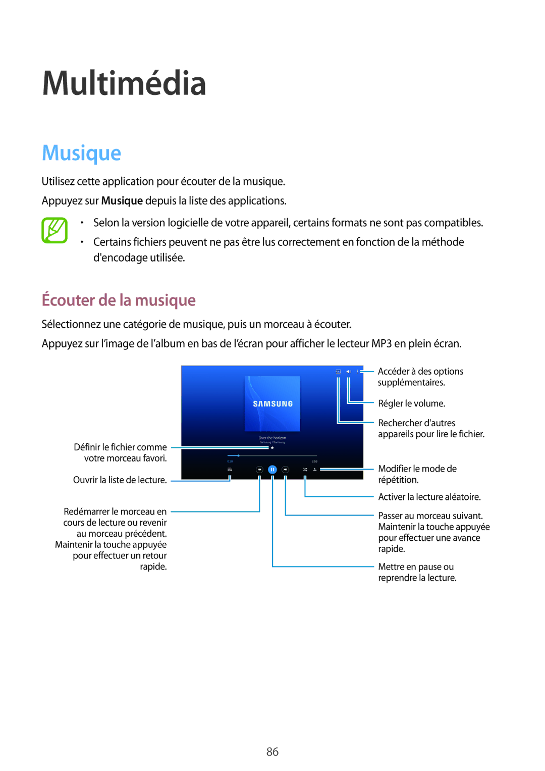 Samsung SM-T520NZWAXEF, SM-T520NZKAXEF, SM-T520XZWAXEF manual Musique, Écouter de la musique 