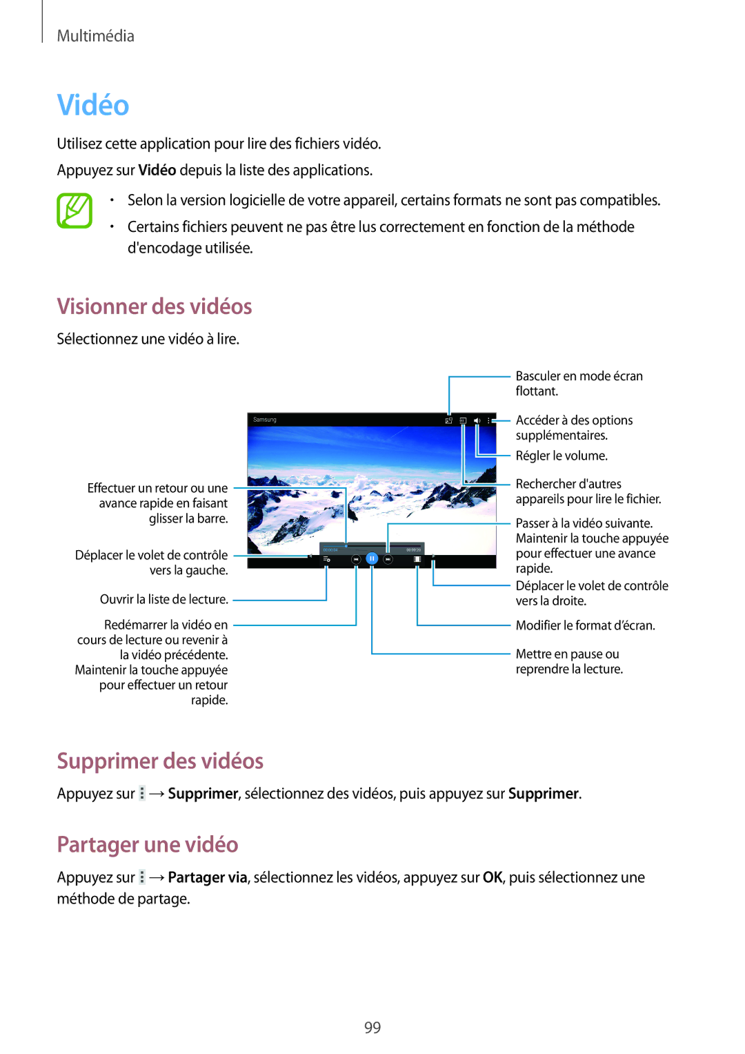 Samsung SM-T520NZKAXEF, SM-T520XZWAXEF, SM-T520NZWAXEF manual Vidéo, Supprimer des vidéos, Partager une vidéo 