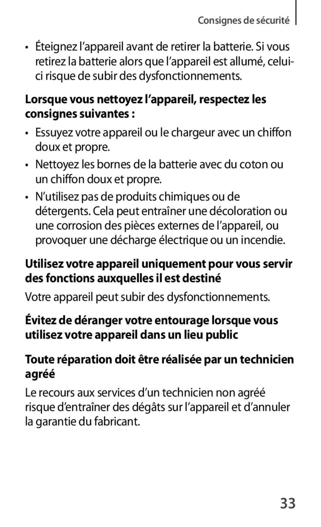 Samsung SM-T520NZKAXEF, SM-T520XZWAXEF, SM-T520NZWAXEF manual Toute réparation doit être réalisée par un technicien agréé 