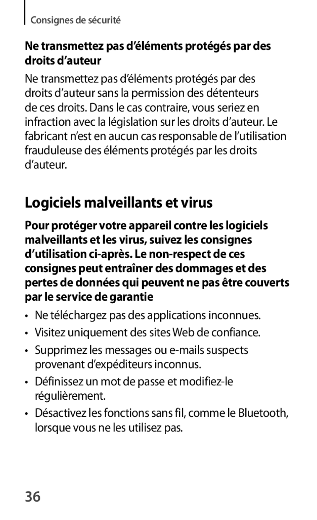 Samsung SM-T520NZKAXEF manual Logiciels malveillants et virus, Définissez un mot de passe et modifiez-le régulièrement 