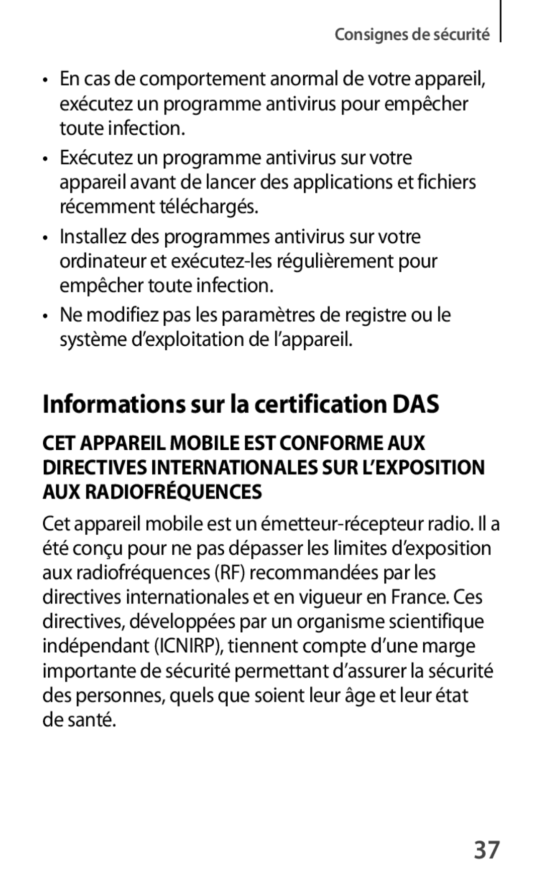 Samsung SM-T520XZWAXEF, SM-T520NZKAXEF, SM-T520NZWAXEF manual Informations sur la certification DAS 