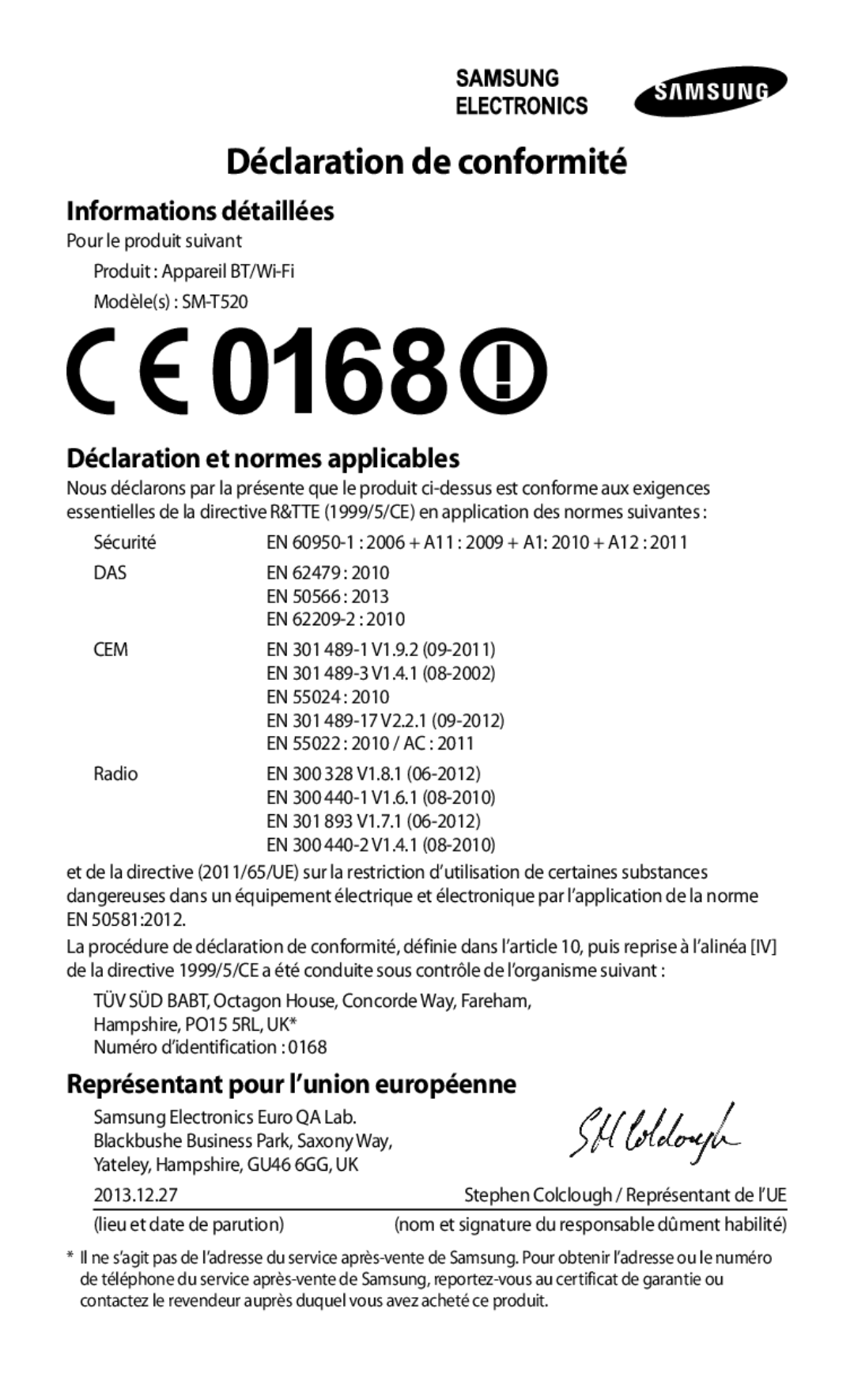 Samsung SM-T520NZWAXEF, SM-T520NZKAXEF, SM-T520XZWAXEF manual Déclaration de conformité 