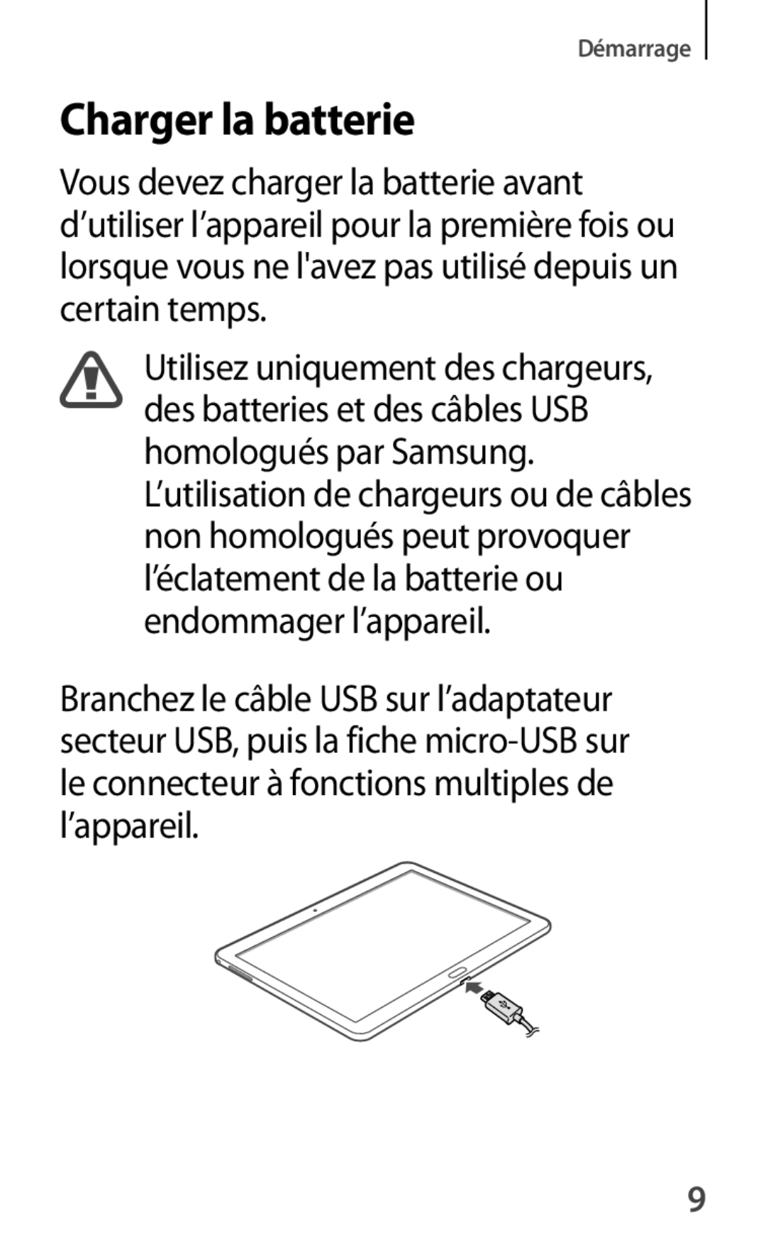 Samsung SM-T520NZKAXEF, SM-T520XZWAXEF, SM-T520NZWAXEF manual Charger la batterie 