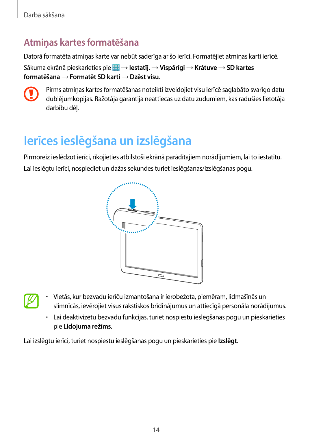 Samsung SM-T520NZWASEB, SM-T520NZWABAL, SM-T520NZKASEB manual Ierīces ieslēgšana un izslēgšana, Atmiņas kartes formatēšana 