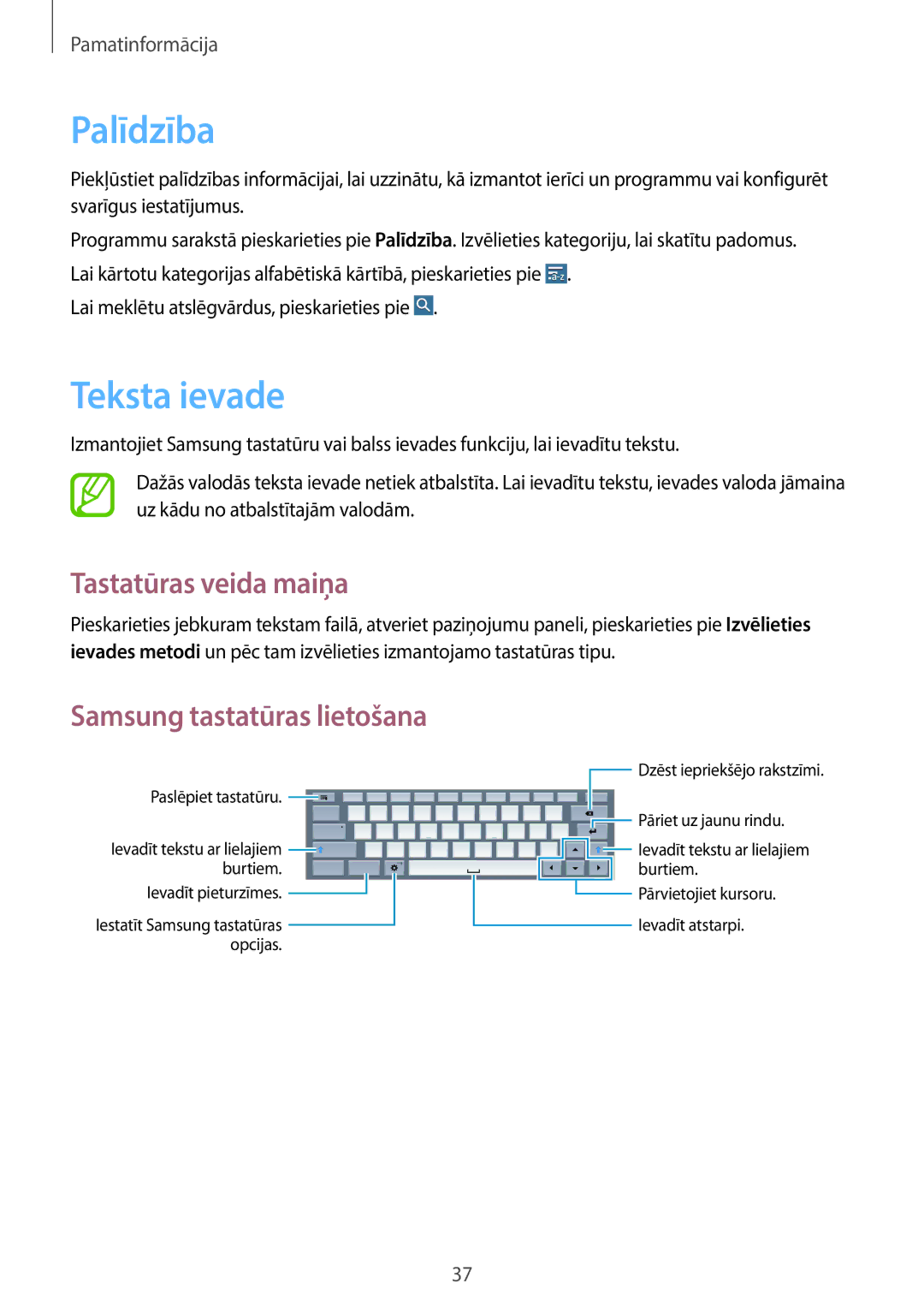 Samsung SM-T520NZKASEB manual Palīdzība, Teksta ievade, Tastatūras veida maiņa, Lai meklētu atslēgvārdus, pieskarieties pie 