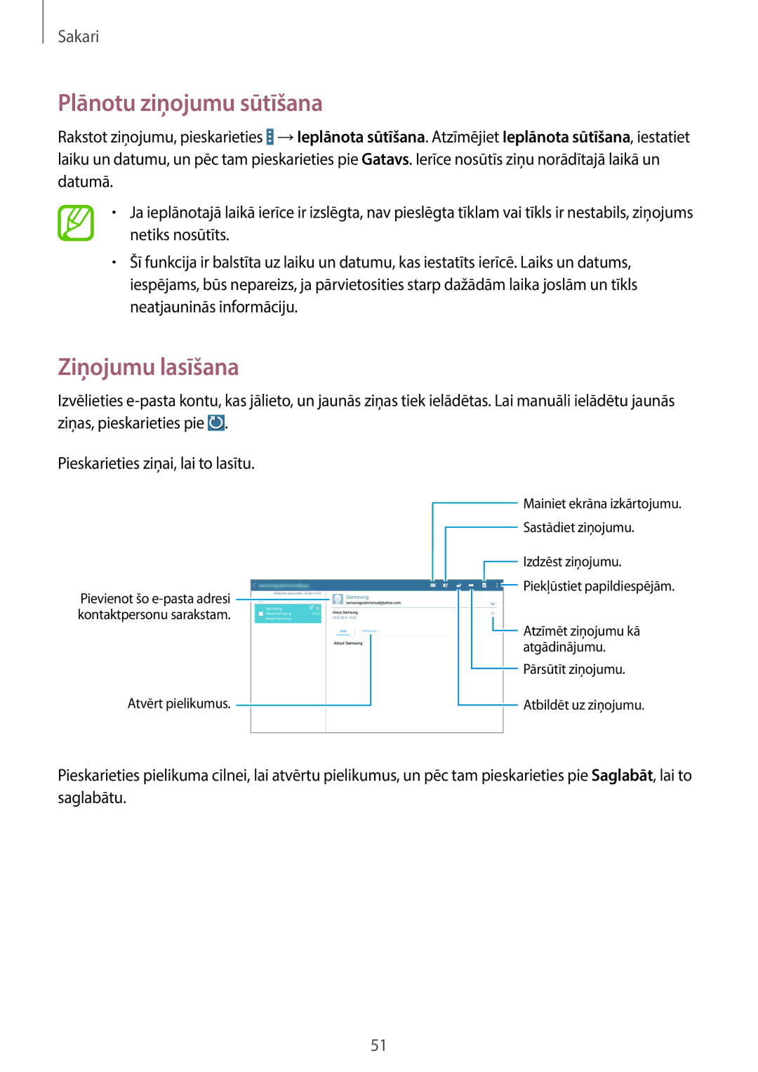 Samsung SM-T520NZWABAL, SM-T520NZKASEB, SM-T520NZWASEB manual Plānotu ziņojumu sūtīšana, Ziņojumu lasīšana 