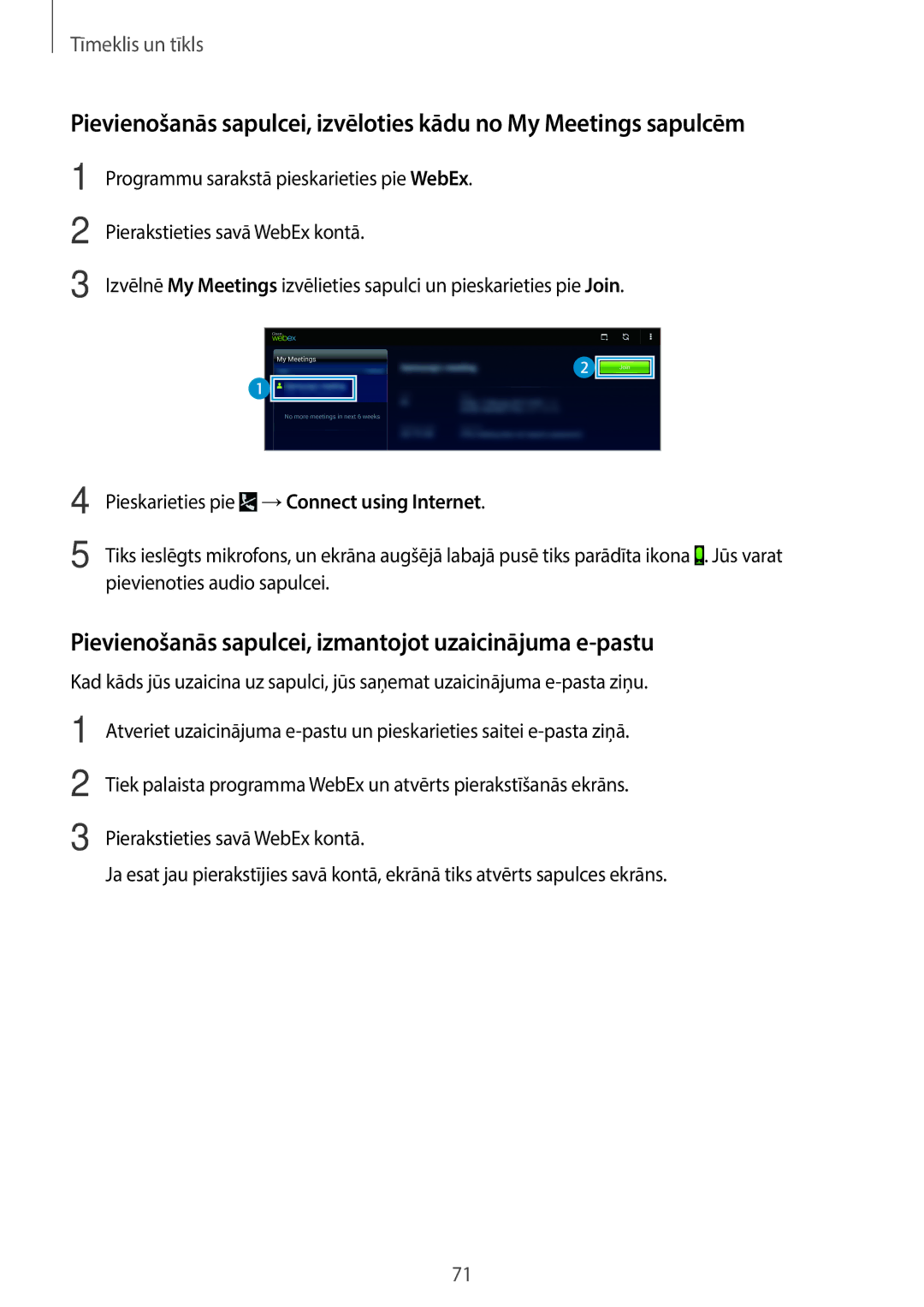 Samsung SM-T520NZWASEB, SM-T520NZWABAL, SM-T520NZKASEB manual Pievienošanās sapulcei, izmantojot uzaicinājuma e-pastu 