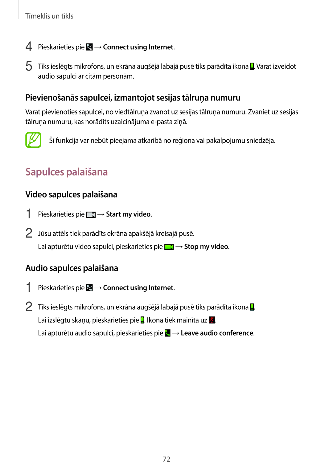 Samsung SM-T520NZWABAL, SM-T520NZKASEB manual Sapulces palaišana, Pievienošanās sapulcei, izmantojot sesijas tālruņa numuru 