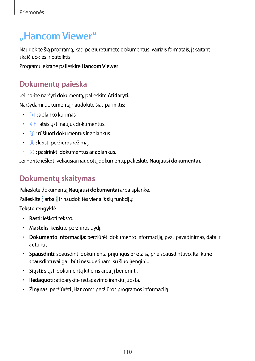 Samsung SM-T520NZWASEB, SM-T520NZWABAL manual „Hancom Viewer, Dokumentų paieška, Dokumentų skaitymas, Teksto rengyklė 