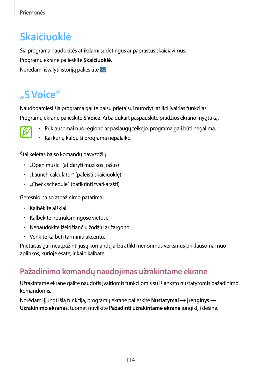 Samsung SM-T520NZWABAL, SM-T520NZKASEB manual Skaičiuoklė, „S Voice, Pažadinimo komandų naudojimas užrakintame ekrane 