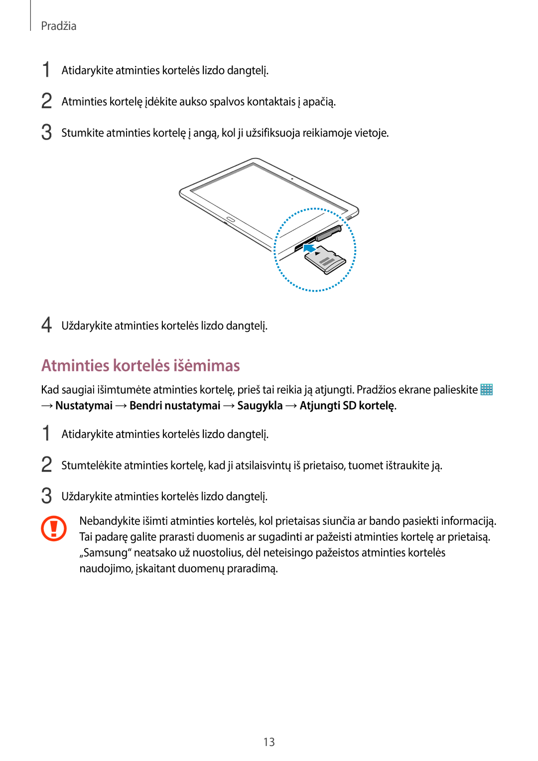 Samsung SM-T520NZKASEB, SM-T520NZWABAL, SM-T520NZWASEB manual Atminties kortelės išėmimas 