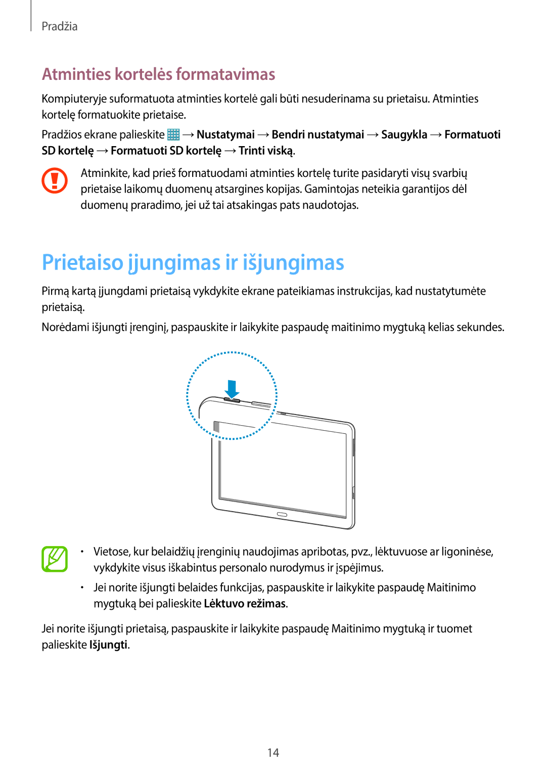 Samsung SM-T520NZWASEB, SM-T520NZWABAL, SM-T520NZKASEB Prietaiso įjungimas ir išjungimas, Atminties kortelės formatavimas 