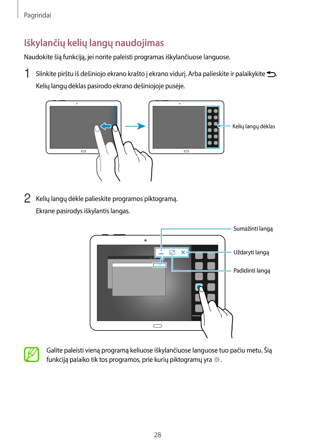 Samsung SM-T520NZKASEB manual Iškylančių kelių langų naudojimas, Kelių langų dėklas pasirodo ekrano dešiniojoje pusėje 