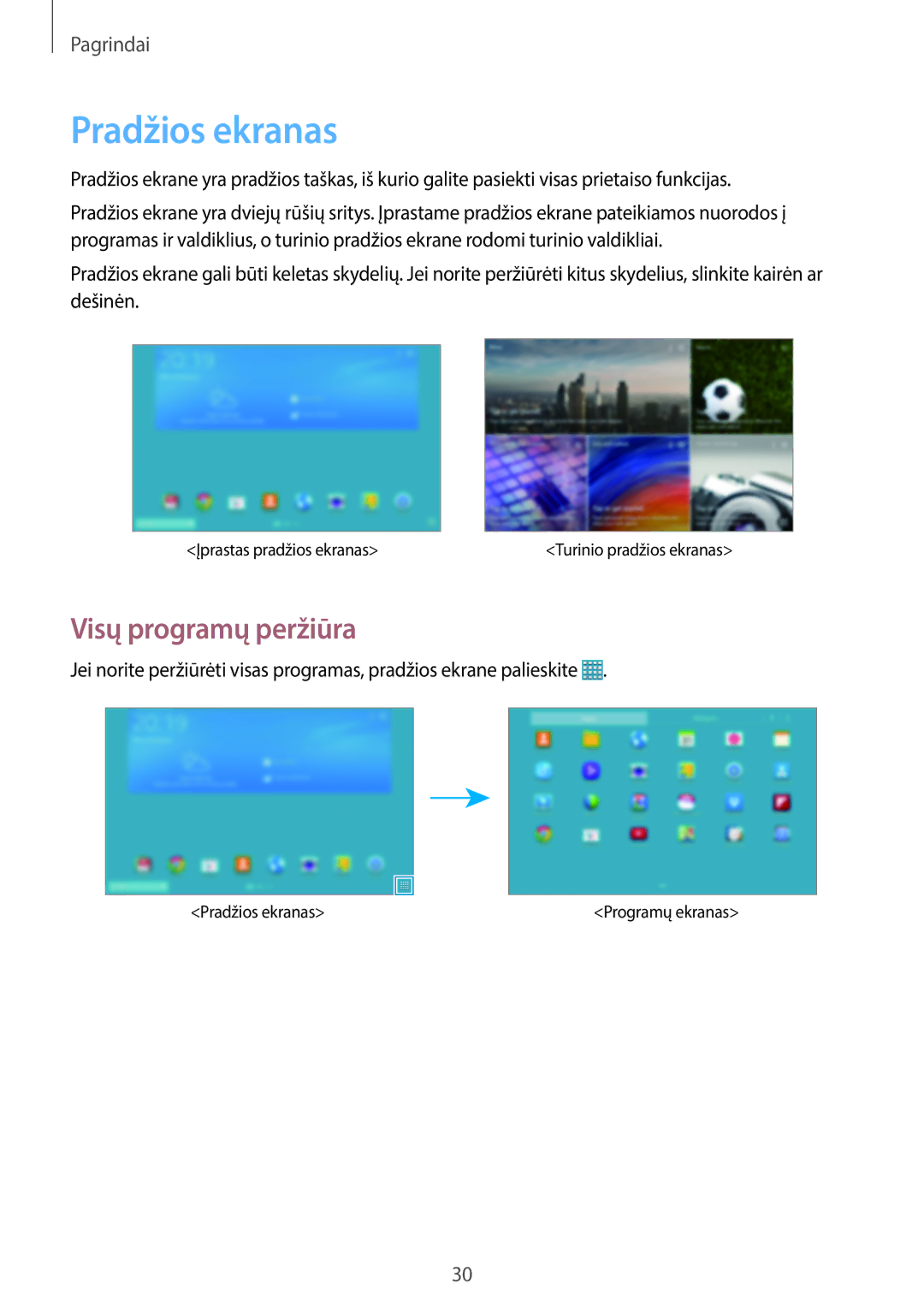 Samsung SM-T520NZWABAL, SM-T520NZKASEB, SM-T520NZWASEB manual Pradžios ekranas, Visų programų peržiūra 