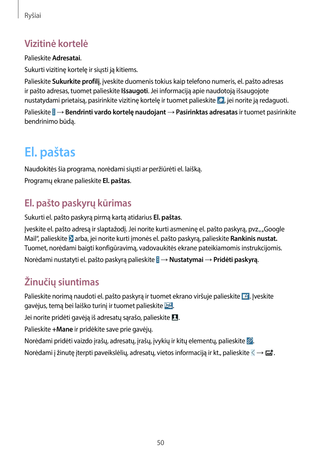 Samsung SM-T520NZWASEB, SM-T520NZWABAL manual El. paštas, Vizitinė kortelė, El. pašto paskyrų kūrimas, Žinučių siuntimas 