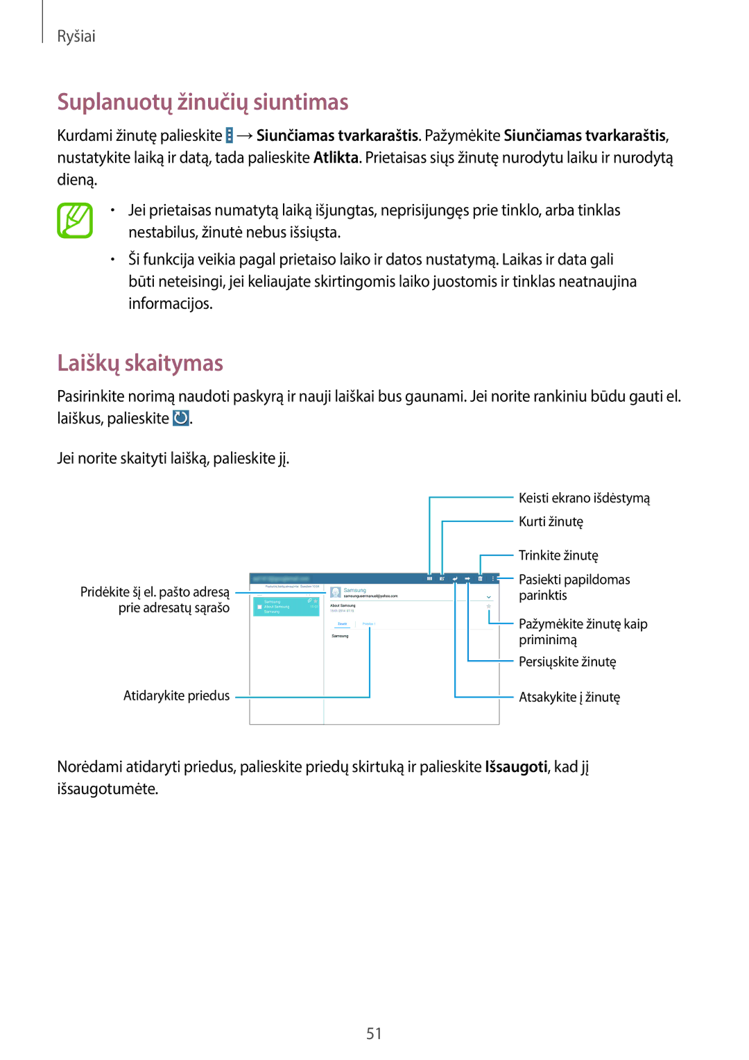 Samsung SM-T520NZWABAL, SM-T520NZKASEB, SM-T520NZWASEB manual Suplanuotų žinučių siuntimas, Laiškų skaitymas 