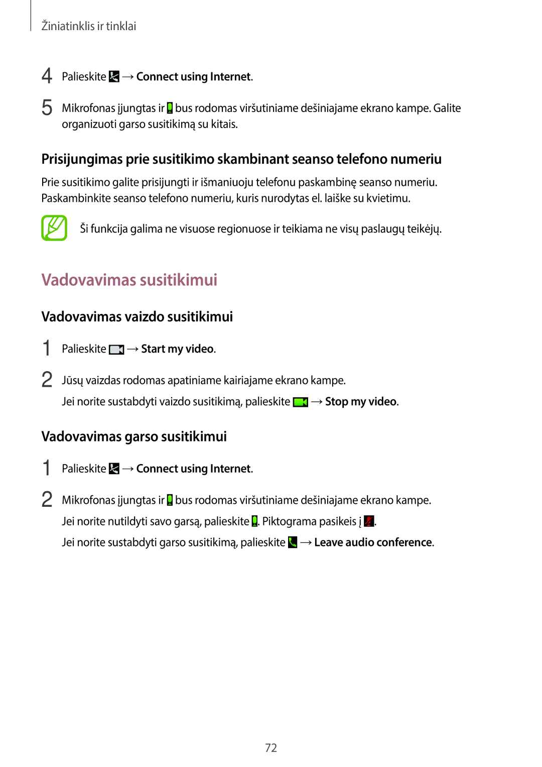 Samsung SM-T520NZWABAL manual Vadovavimas susitikimui, Vadovavimas vaizdo susitikimui, Vadovavimas garso susitikimui 