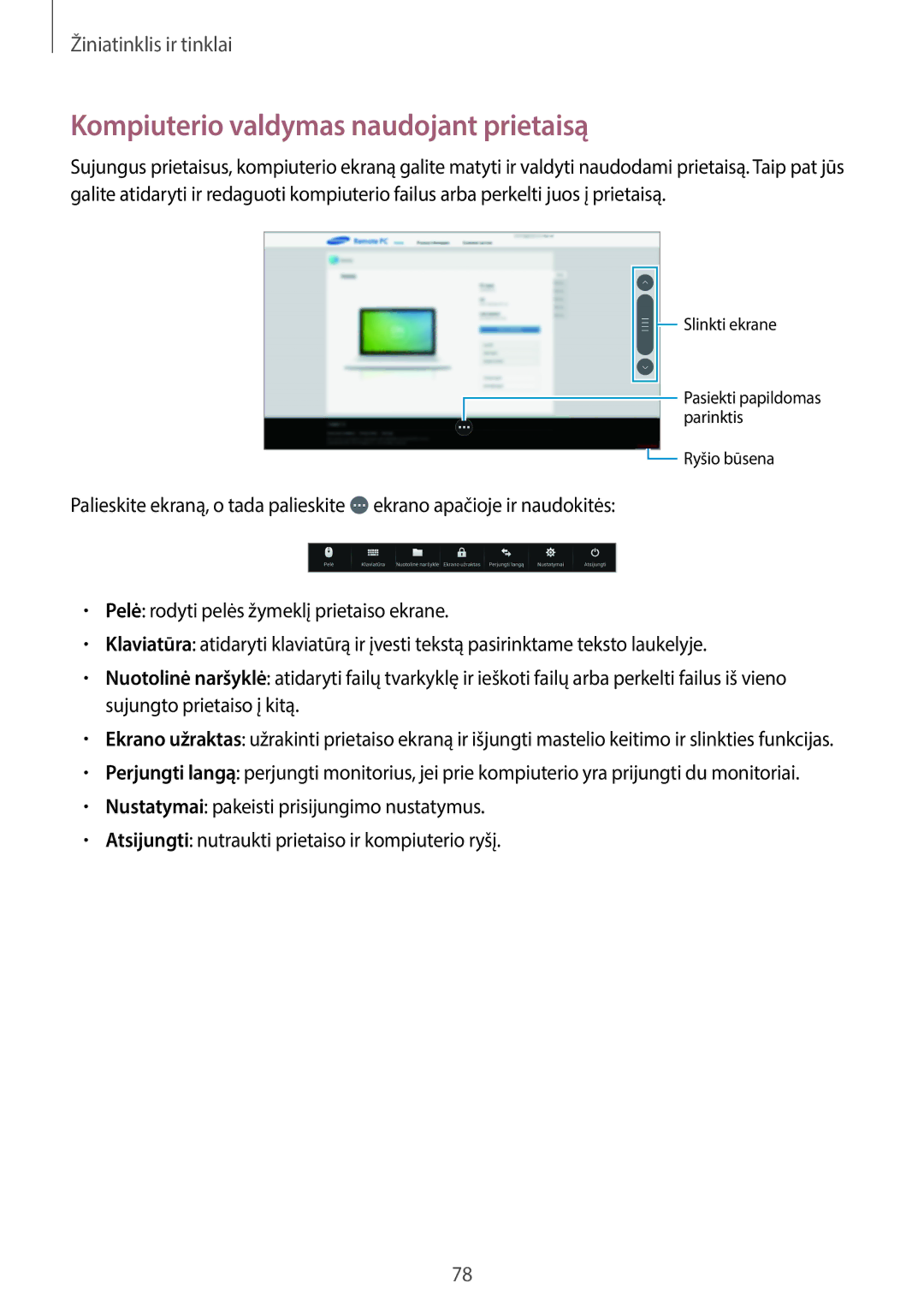 Samsung SM-T520NZWABAL, SM-T520NZKASEB, SM-T520NZWASEB manual Kompiuterio valdymas naudojant prietaisą 