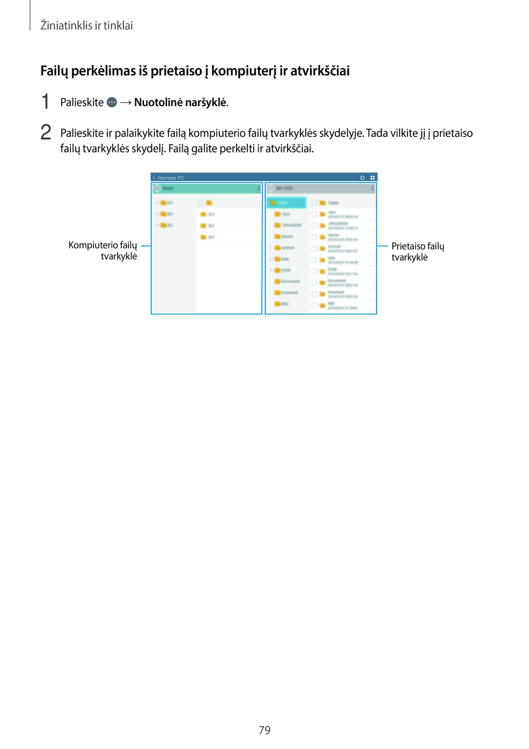 Samsung SM-T520NZKASEB manual Failų perkėlimas iš prietaiso į kompiuterį ir atvirkščiai, Palieskite →Nuotolinė naršyklė 