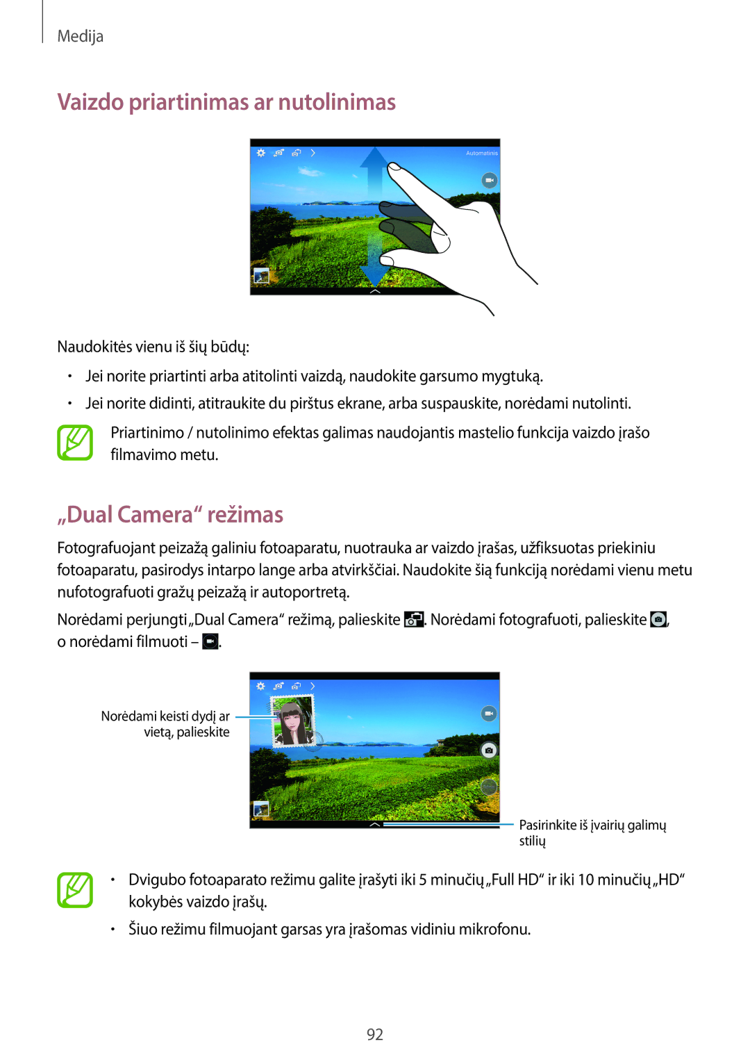 Samsung SM-T520NZWASEB, SM-T520NZWABAL, SM-T520NZKASEB manual Vaizdo priartinimas ar nutolinimas, „Dual Camera režimas 