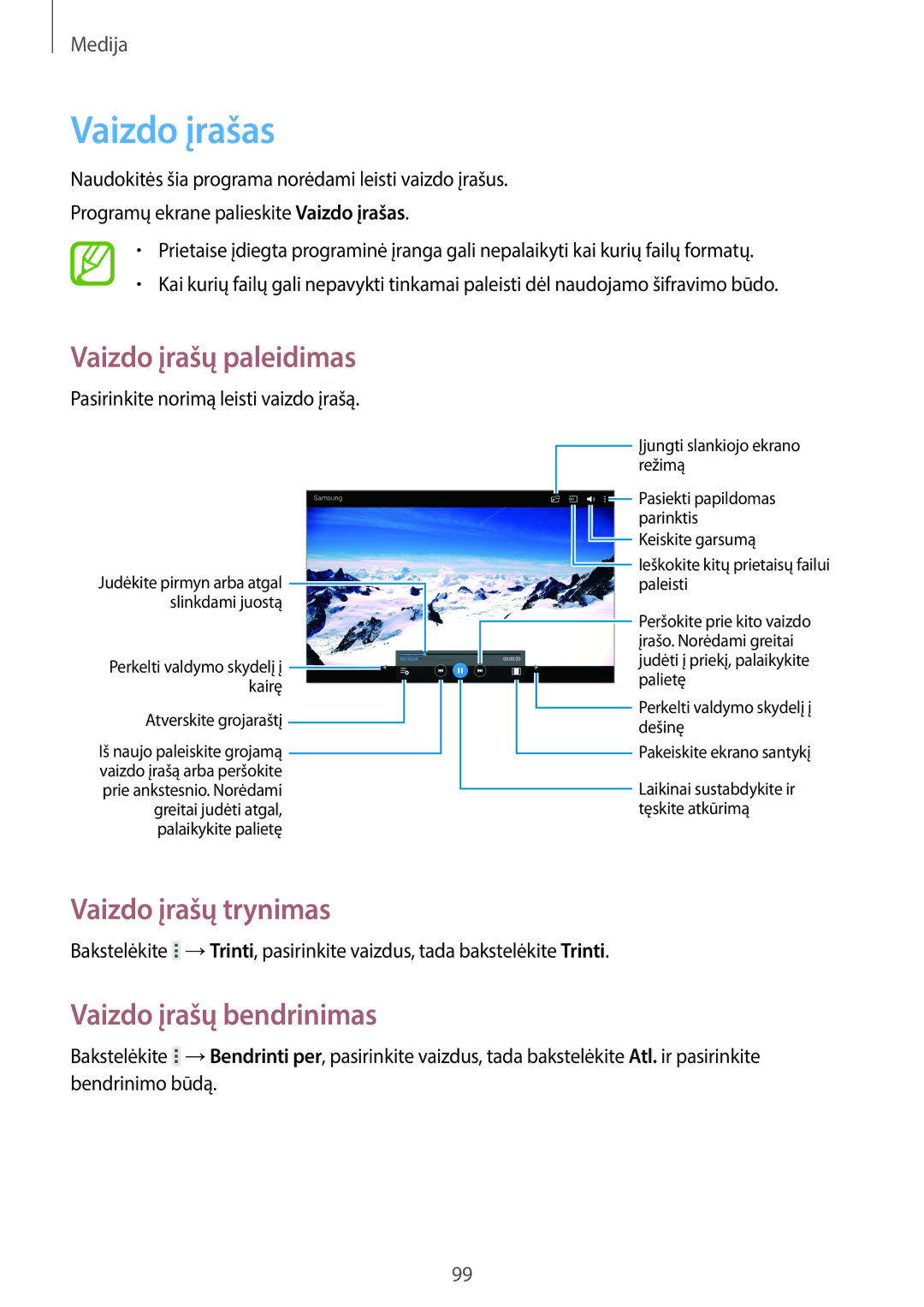 Samsung SM-T520NZWABAL, SM-T520NZKASEB, SM-T520NZWASEB manual Vaizdo įrašas, Vaizdo įrašų trynimas, Vaizdo įrašų bendrinimas 