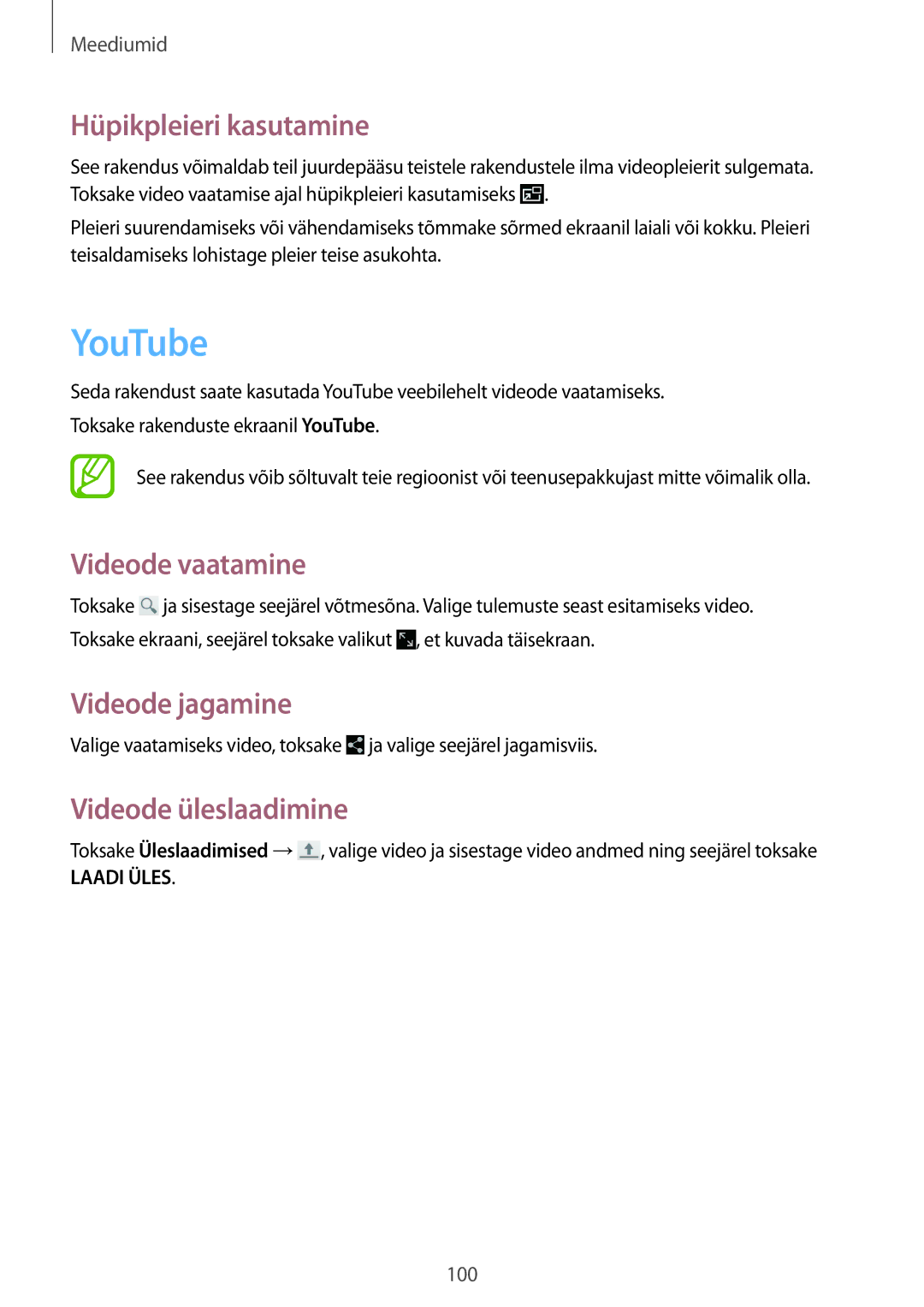 Samsung SM-T520NZKASEB, SM-T520NZWABAL manual YouTube, Hüpikpleieri kasutamine, Videode vaatamine, Videode üleslaadimine 