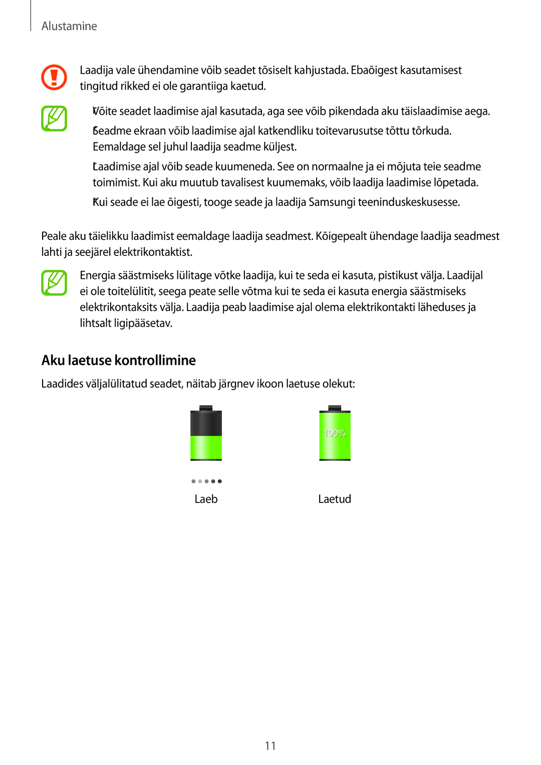 Samsung SM-T520NZWASEB, SM-T520NZWABAL, SM-T520NZKASEB manual Aku laetuse kontrollimine 