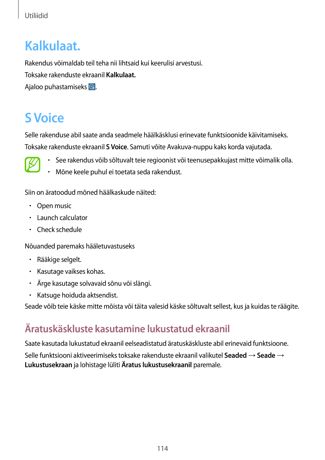 Samsung SM-T520NZWABAL, SM-T520NZKASEB, SM-T520NZWASEB Kalkulaat, Voice, Äratuskäskluste kasutamine lukustatud ekraanil 