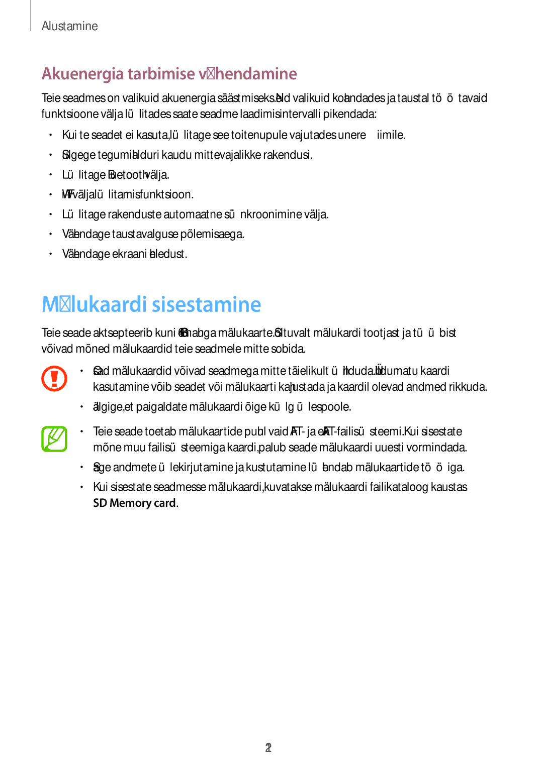 Samsung SM-T520NZWABAL, SM-T520NZKASEB, SM-T520NZWASEB manual Mälukaardi sisestamine, Akuenergia tarbimise vähendamine 